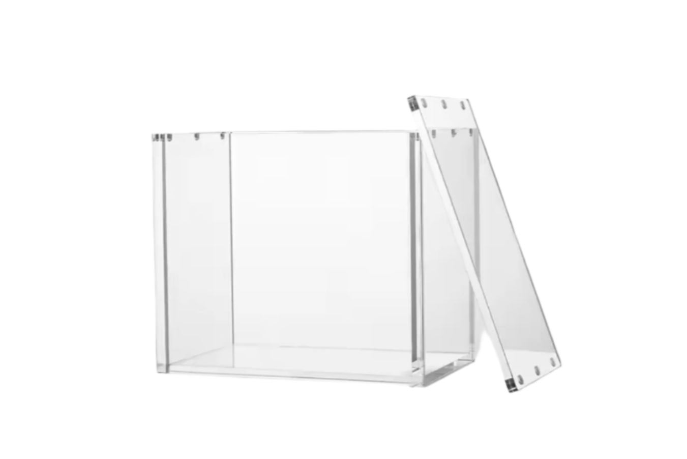 Clear acrylic box with a lid on a white background